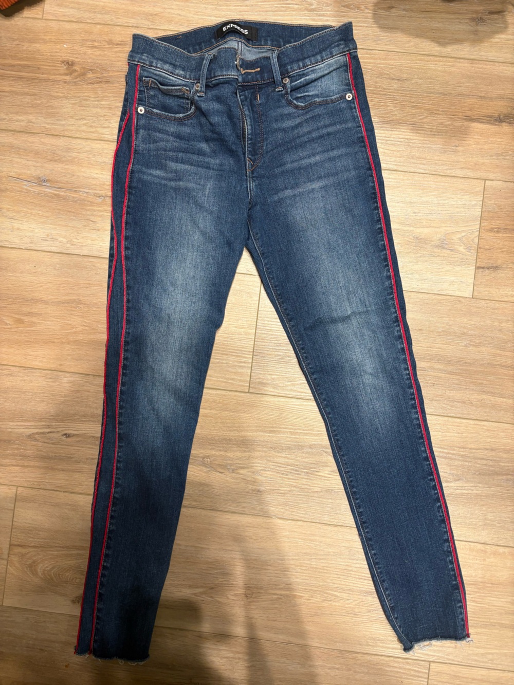 Express red and blue side stripe jeans